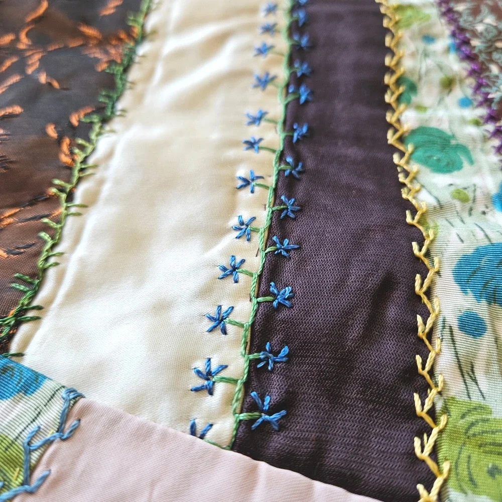 Vintage 40s Handmade Crazy Quilt Top Silk Satin Velvet Embroidered Folk Art Twin